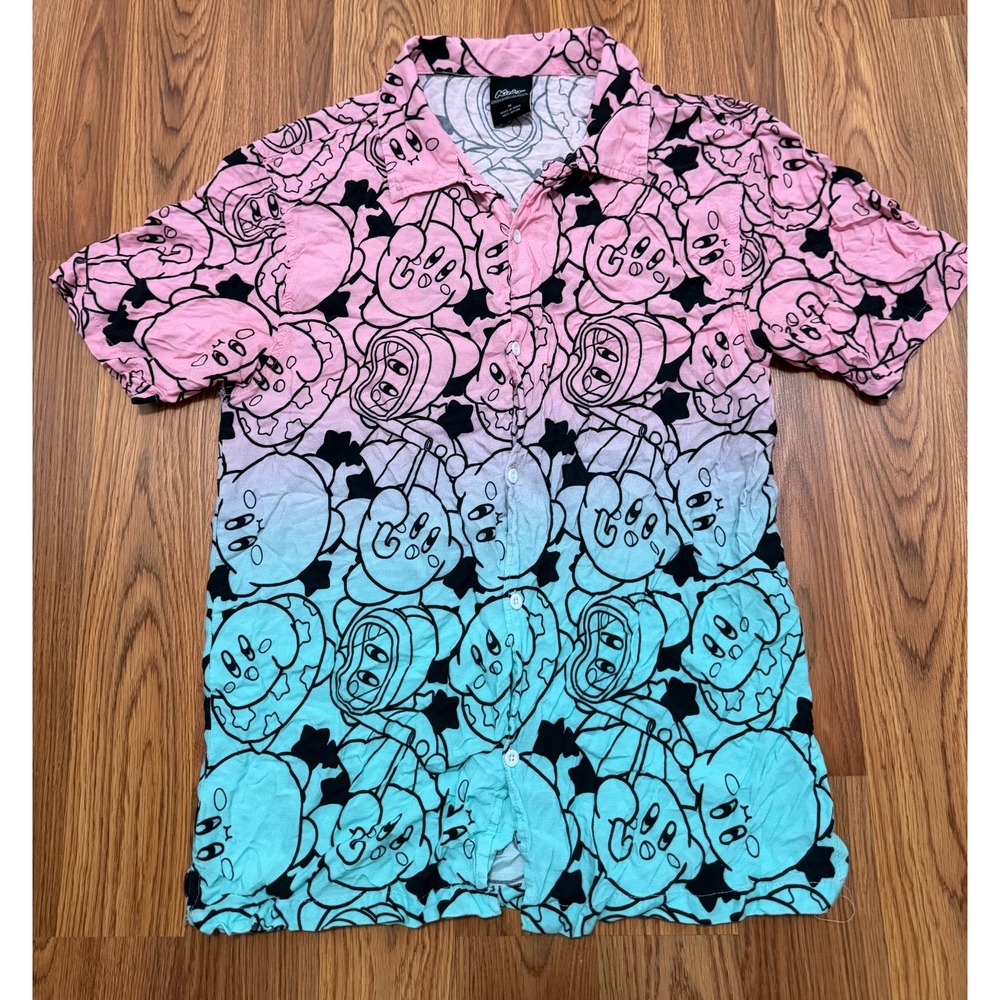 Kirby Shirt Mens Medium Anime Rayon Button Up Pink Ombre Nintendo Y2K